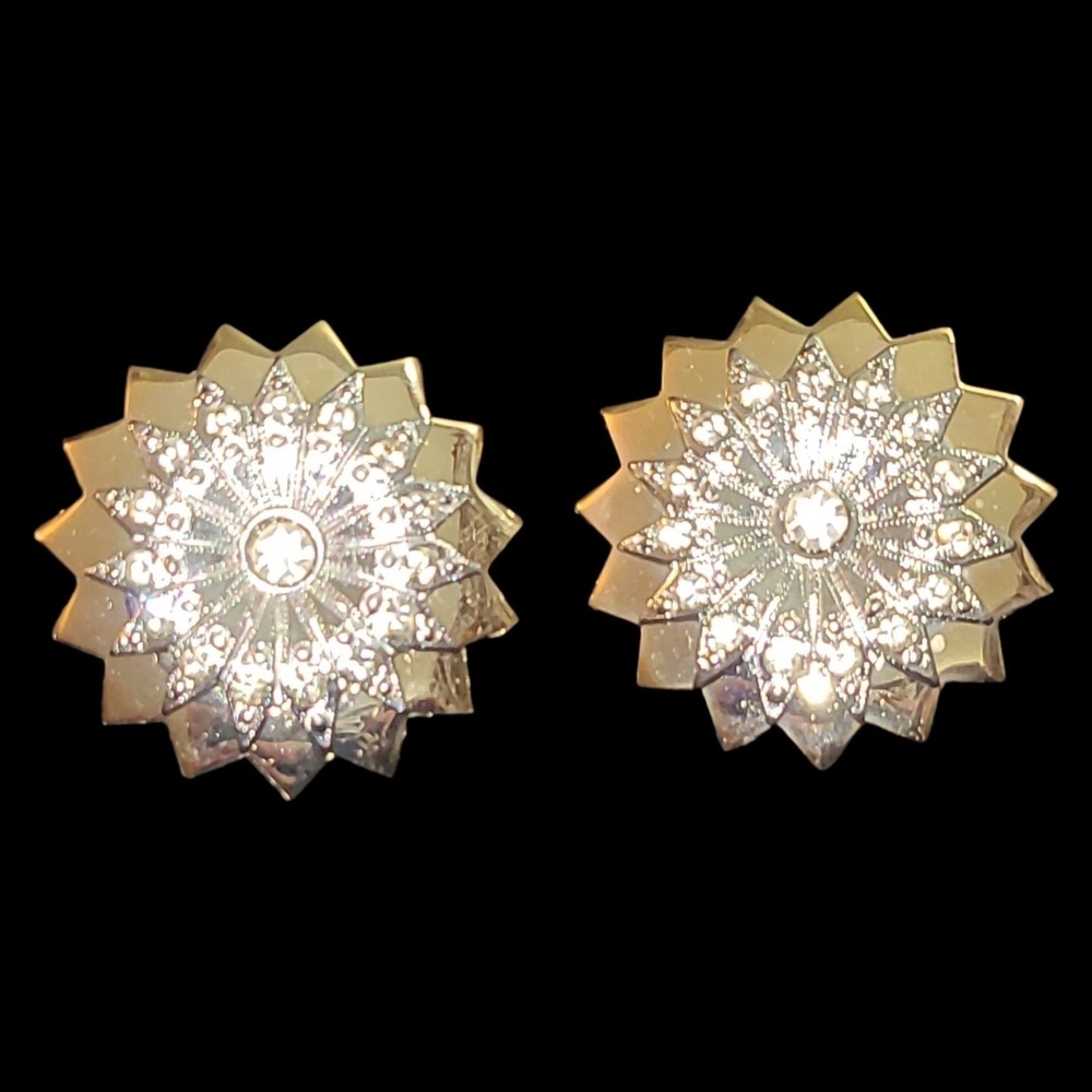 Vintage 2-Tone Rhinestone‎ Starburst Clip On Earrings Gold Silver Tone Retro